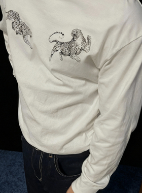 DE 豹子印花纯棉白色长袖T恤男士秋季重磅套头潮流卫衣