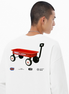 DE 红色推车长袖T恤男秋季重磅圆领纯棉打底衫休闲潮流大码上衣