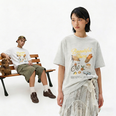 DE 公园印花纯棉重磅T恤男女款潮流休闲260G双纱短袖