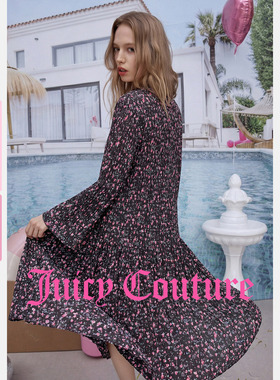 Juicy Couture橘滋连衣裙女26春夏新款法式碎花长袖黑色系带长裙