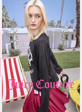 Juicy Couture橘滋T恤女26春夏新款黑色印花抽绳长袖打底内搭上衣