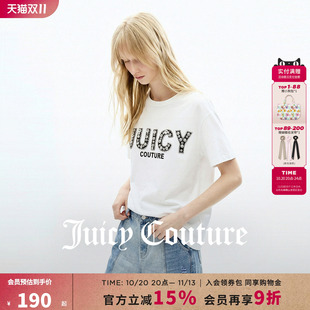 Juicy Couture橘滋T恤女新款重工钉珠白色印花圆领短袖上衣