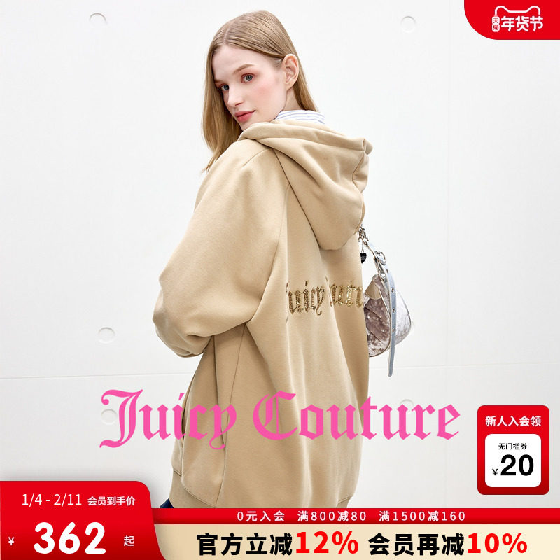 Juicy Couture橘滋外套女25年秋冬新款加绒刺绣连帽拉链中长卫衣,女装/女士精品,短外套,淘宝优惠券,粉丝福利购,淘宝优惠卷