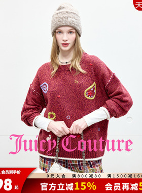 【含绵羊毛】Juicy Couture橘滋针织衫女红色刺绣宽松落肩毛衣