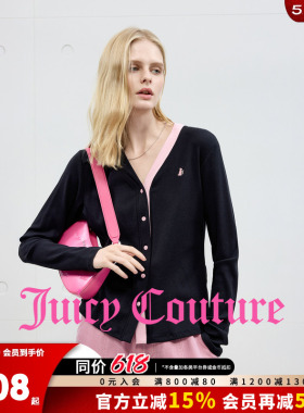 Juicy Couture橘滋针织衫女撞色拼接V领黑色开衫气质毛衣上衣