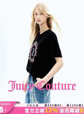 Juicy Couture橘滋T恤女26夏季新款黑色彩钻花卉印花圆领短袖上衣