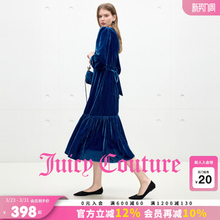 Juicy 收腰系带长裙 Couture橘滋连衣裙女蓝色高级缎光丝绒长袖