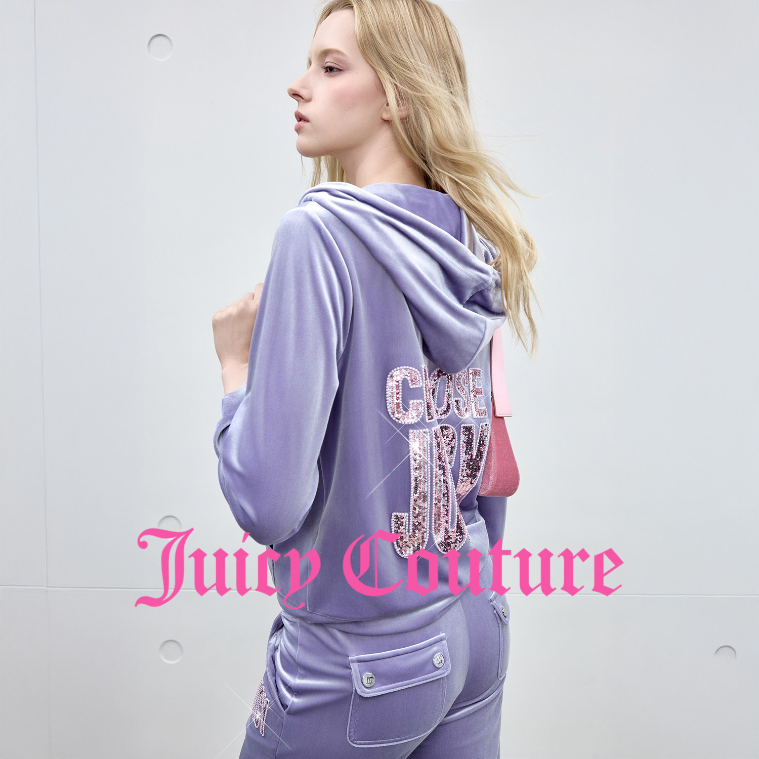 Juicy Couture橘滋【亮面丝绒】外套女亮片刺绣紫色连帽上衣套装