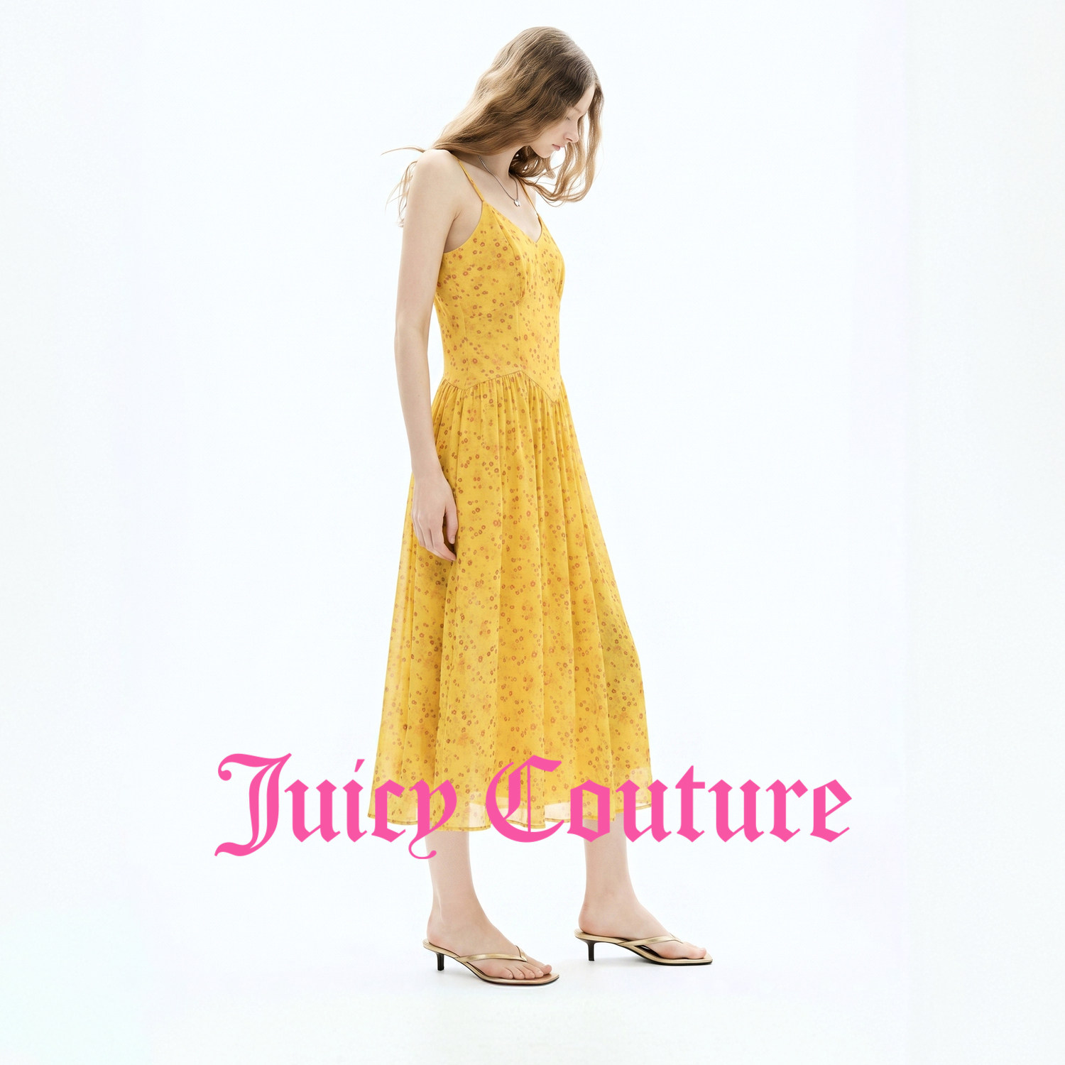【超能小太阳】Juicy Couture橘滋连衣裙女黄色花卉印花吊带长裙