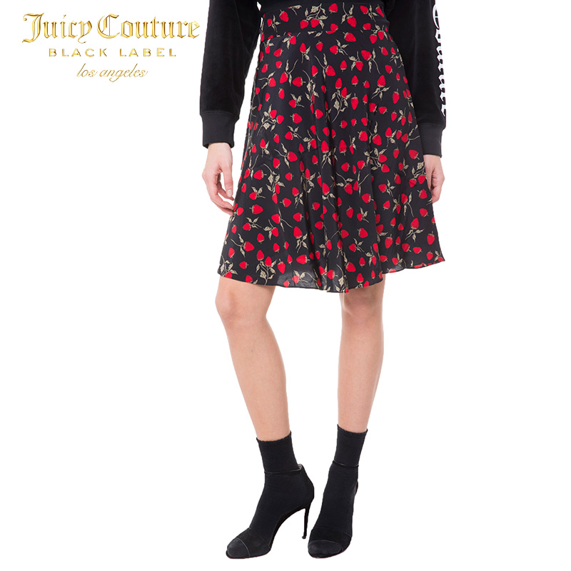 Juicy Couture2018新款氣質草莓印花桑蠶絲飄逸風情中裙半身裙