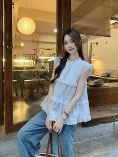 衬衫 韩系chic甜美减龄花边飞飞袖 女设计感小众压褶上衣