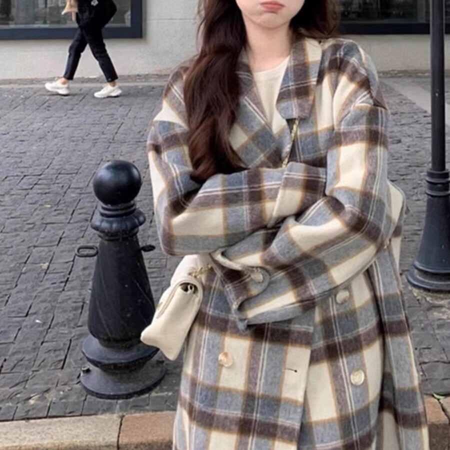 毛呢2024年秋冬季新款格子赫本风小个子高级感羊毛呢子大衣外套女