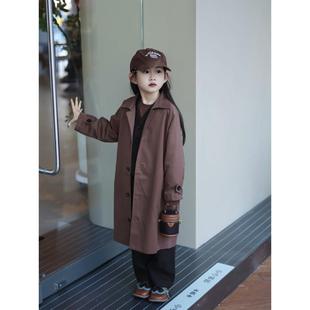 女童栗色长款外套秋冬新款中大童上衣时尚复古宽松休闲中长款风衣