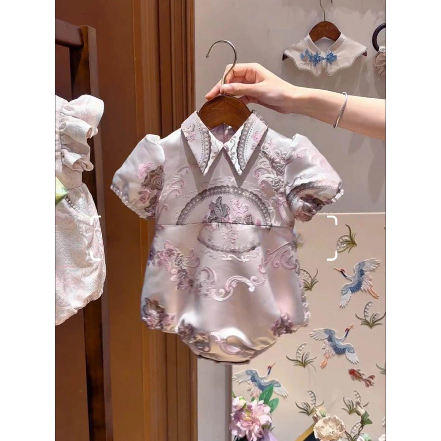 新中式国风女宝宝周岁礼服包屁衣夏季短袖翻领爬服婴儿连体衣哈衣