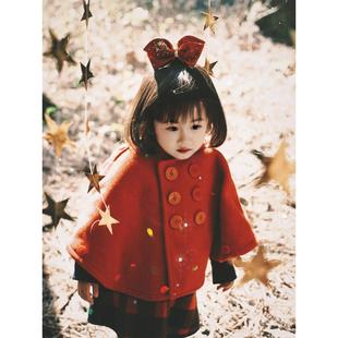 女童冬套装双面羊绒呢子斗篷大衣儿童羊毛背心裙红色过新年拜年服