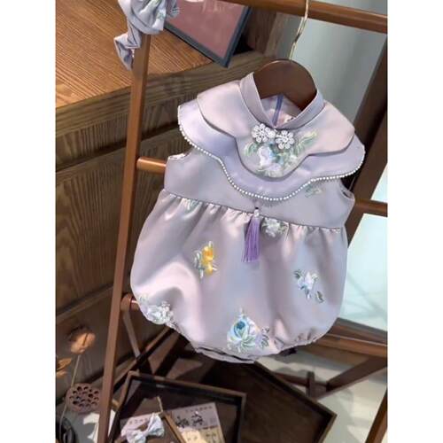 女童新中式连身哈衣爬爬服女宝宝周岁生日礼服无袖紫色花朵连体衣