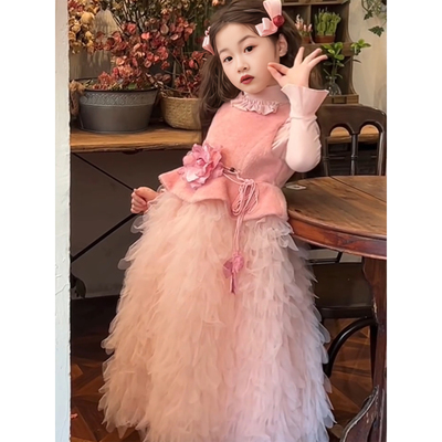 女童冬套装儿童立体花朵生日party礼服裙网纱蛋糕裙迪士尼公主裙