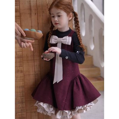 女童冬套装千金风生日礼服呢子背心裙子儿童加绒加厚迪士尼公主裙