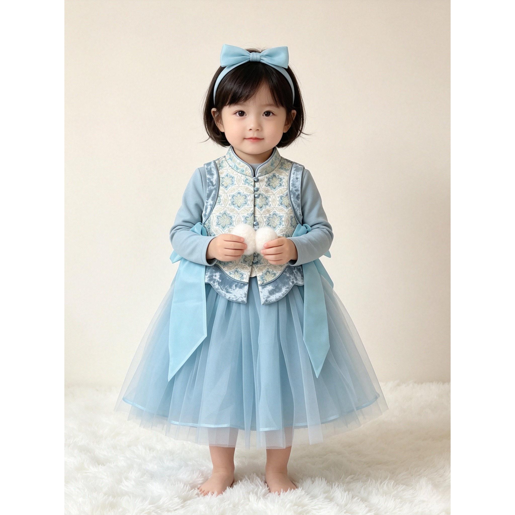 新中式女童蓝色打底衫马甲裙子三件套秋季新款女宝宝周岁生日礼服