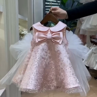 粉色网纱2026年春新款女童连衣裙公主风蝴蝶结亮片洋气宝宝礼服裙