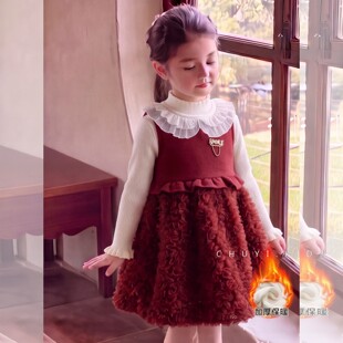 拜年服女童连衣裙套装2026新款儿童秋冬季加厚红色过年宝宝公主裙