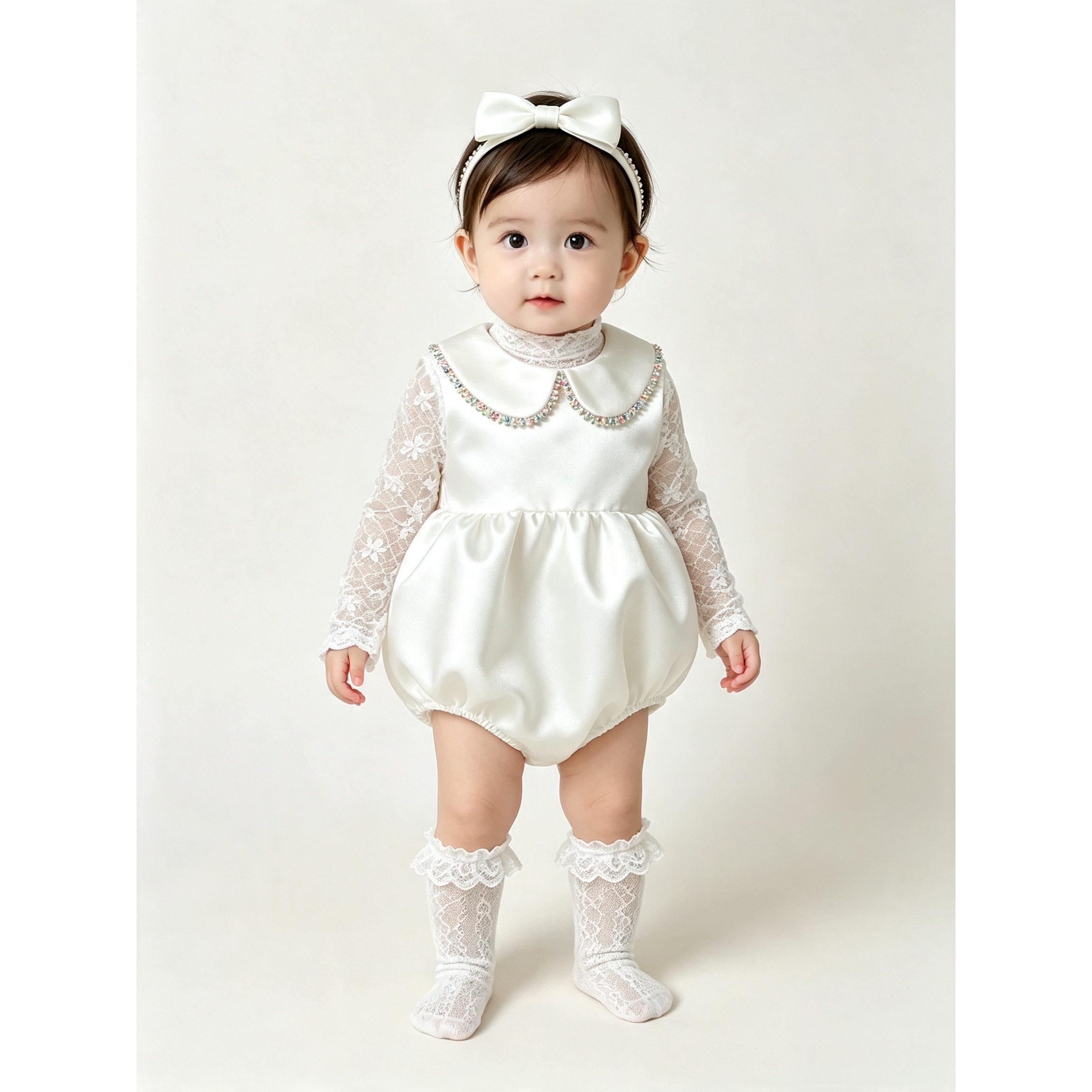 女宝宝白色娃娃领连体哈衣蕾丝打底衫套装婴幼儿彩钻装饰周岁礼服