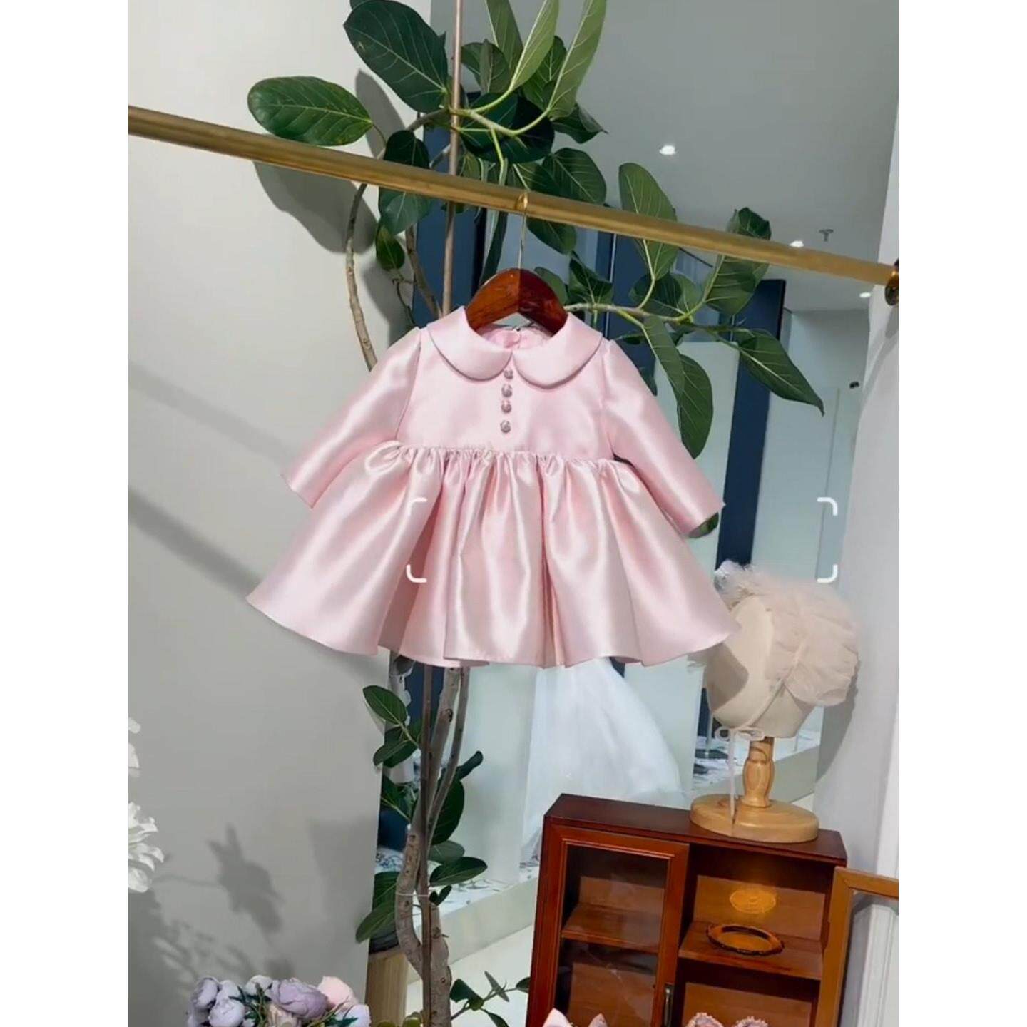 女童粉色公主连衣裙女宝宝生日礼服蝴蝶结娃娃领公主裙周岁小礼服