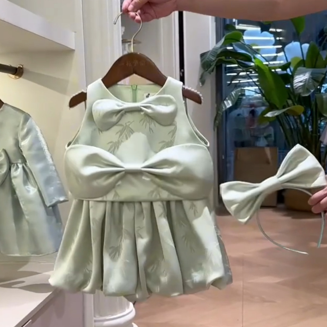 甜美风女童连衣裙春秋新款蝴蝶结背心裙宝宝礼服公主裙洋气礼服