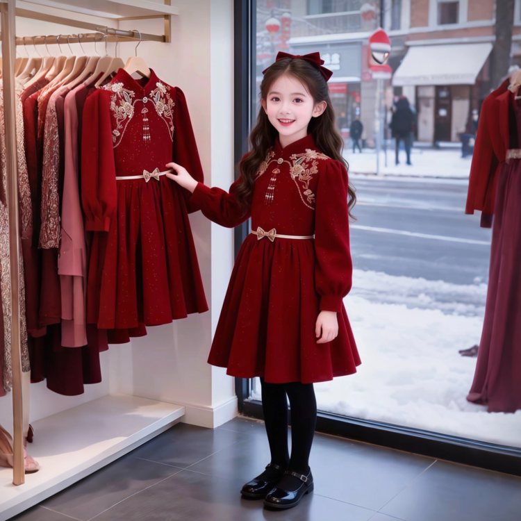 女童新年拜年服2026新款秋冬国风女孩过年红色裙子儿童女宝连衣裙