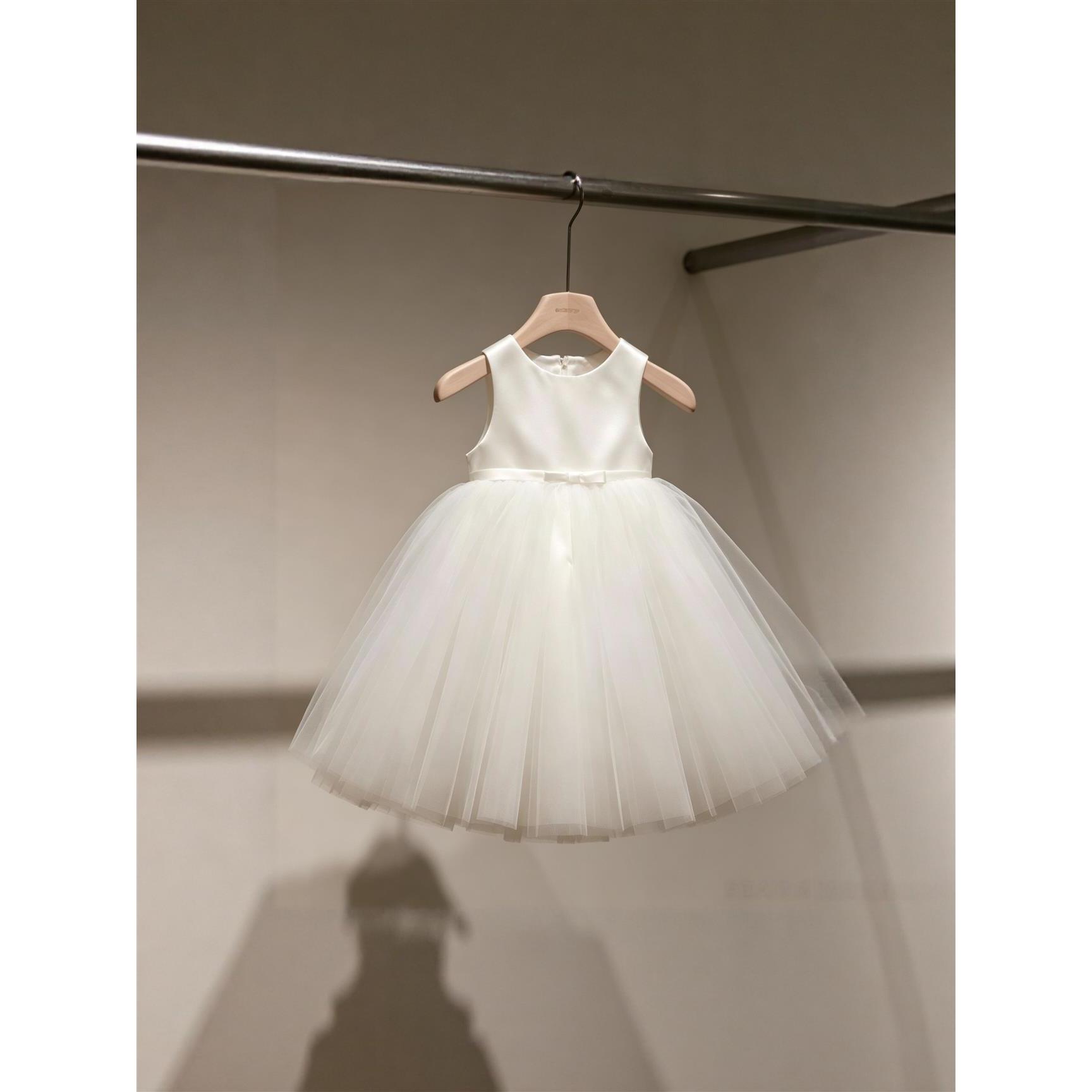 千金女童2026新款白色网纱蝴蝶结拼接白裙子小女孩生日礼服公主裙