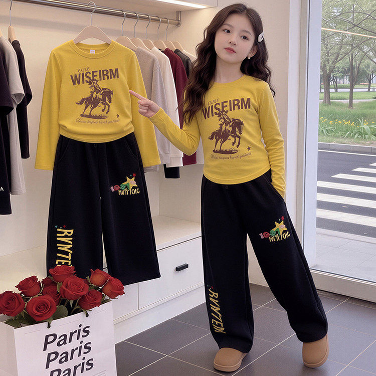 女童春秋季套装2026新款儿童韩系时尚紧身打底衫印花卫裤两件套潮