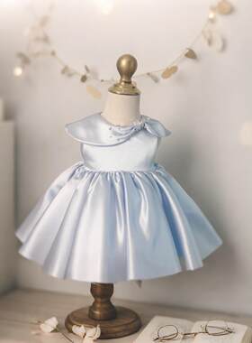 女童浅蓝色连衣裙儿童周岁生日礼服蝴蝶结蓬蓬裙公主裙宝宝背心裙