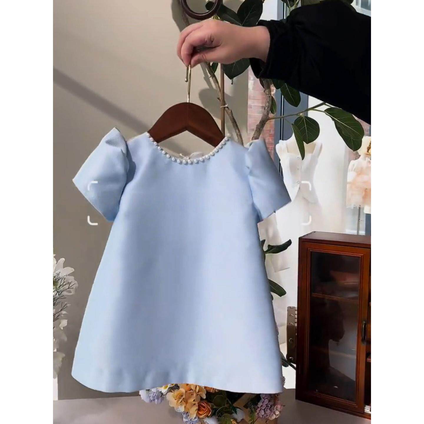 女宝新款蓝色圆领连衣裙女童生日礼服公主裙露背蝴蝶结A字裙轻奢