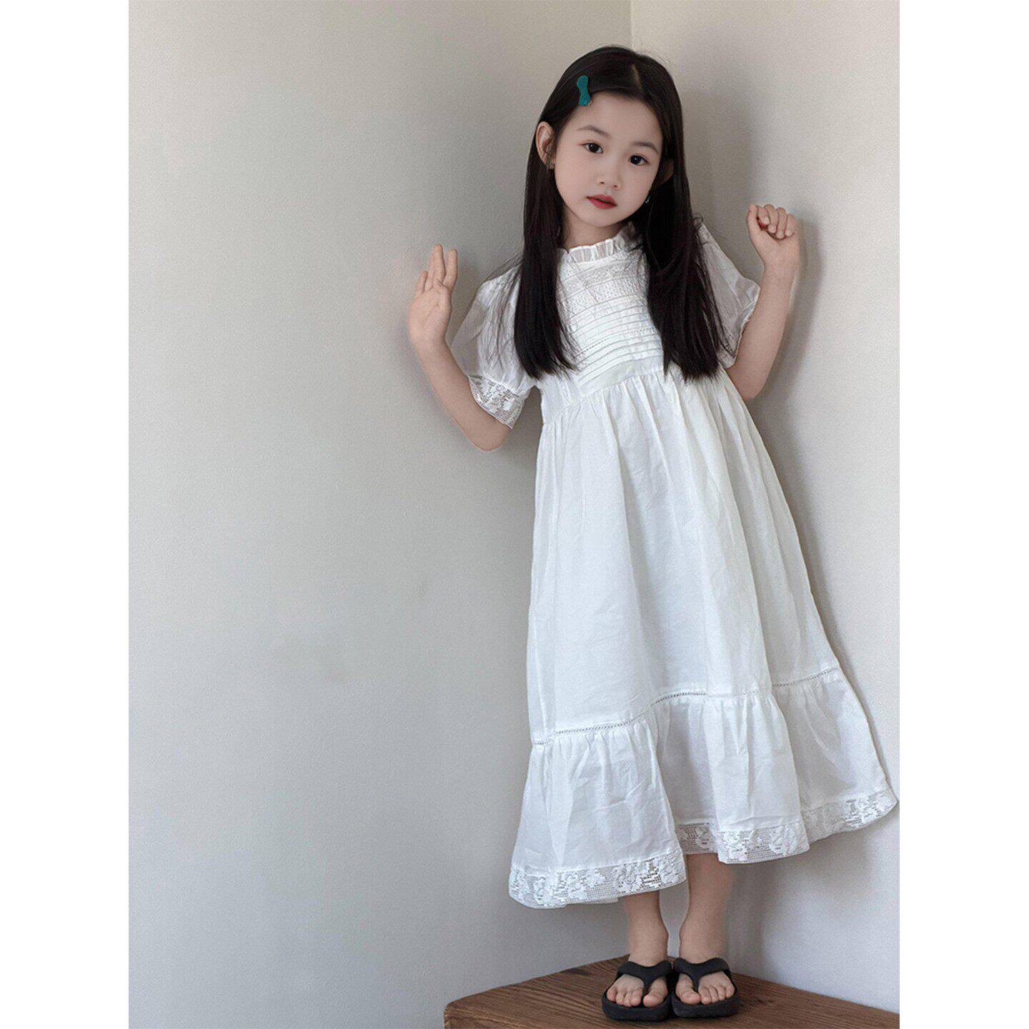 女童生日裙子儿童礼服洋派白色木耳边洋装女孩绝美短袖公主裙夏