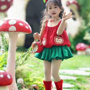 拼接洋气甜美套装 苹果图案撞色背心裙两件套清凉薄款 新款 女童夏季