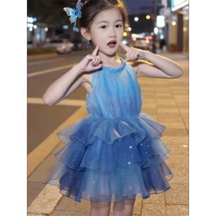 女童生日礼服裙子高级感儿童蓝色挂脖无袖连衣裙女孩绝美公主裙夏