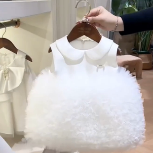 2026年新款白色网纱女童连衣裙公主风娃娃领蓬蓬裙女宝周岁礼服裙