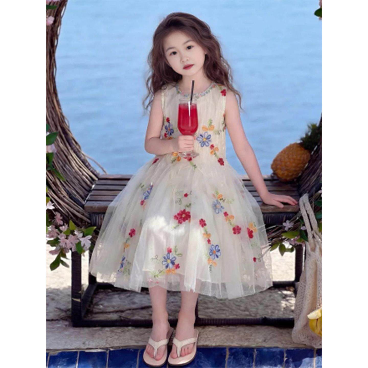 儿童夏季出游度假风穿搭刺绣连衣裙女童生日裙子小女孩绝美公主裙