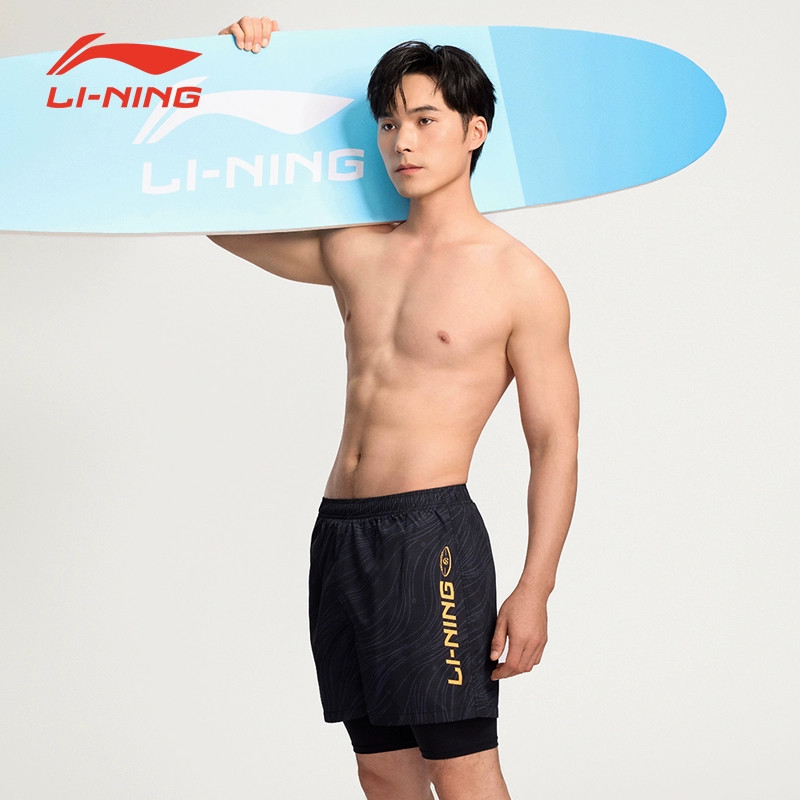 李宁男士泳裤2025新款防尴尬速干假两件防晒五分泳裤ASLU135