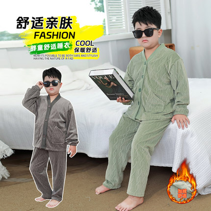 小胖墩胖男童加绒加厚睡衣加肥大冬装中大童家居服珊瑚绒两件套装