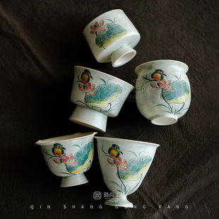 粉引手绘荷花主人杯 大号茶杯手工粗陶品茗杯闻香杯 功夫茶具品杯