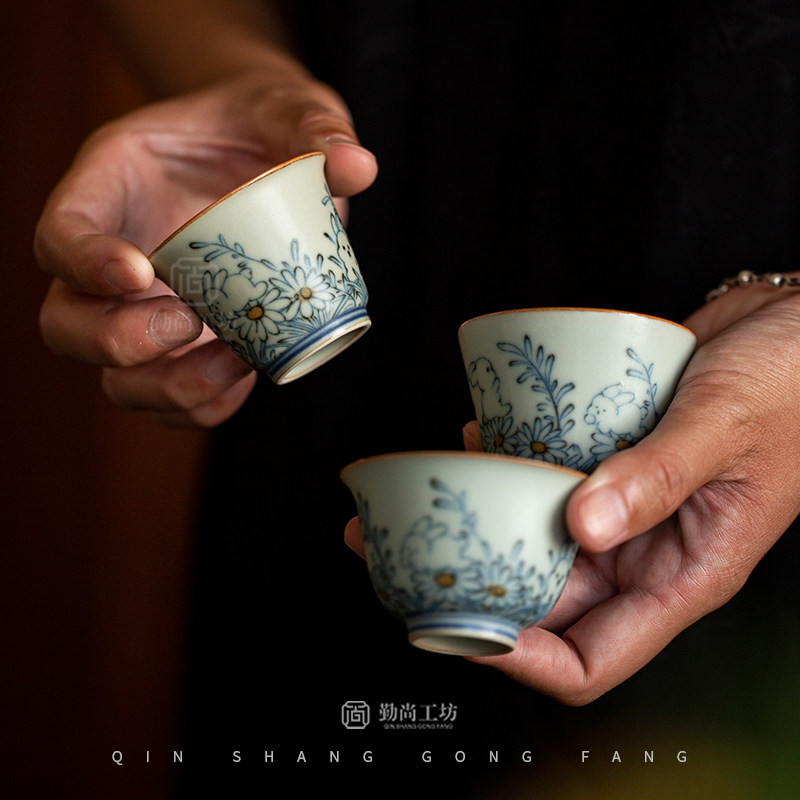 汝窑向阳花野菊兔茶杯品茗杯单杯陶瓷家用功夫茶具主人杯喝茶杯子,餐饮具,茶杯,淘宝优惠券,粉丝福利购,淘宝优惠卷