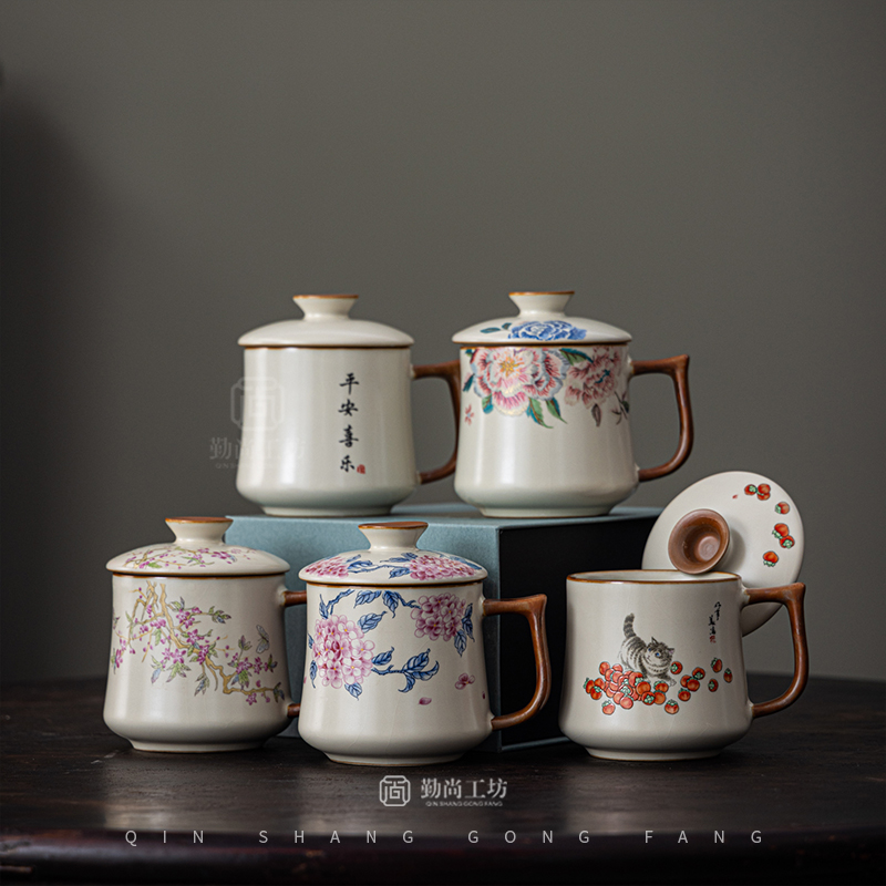 汝窑青花陶瓷水杯带盖个人专用高档喝茶杯办公室大容量马克杯茶杯