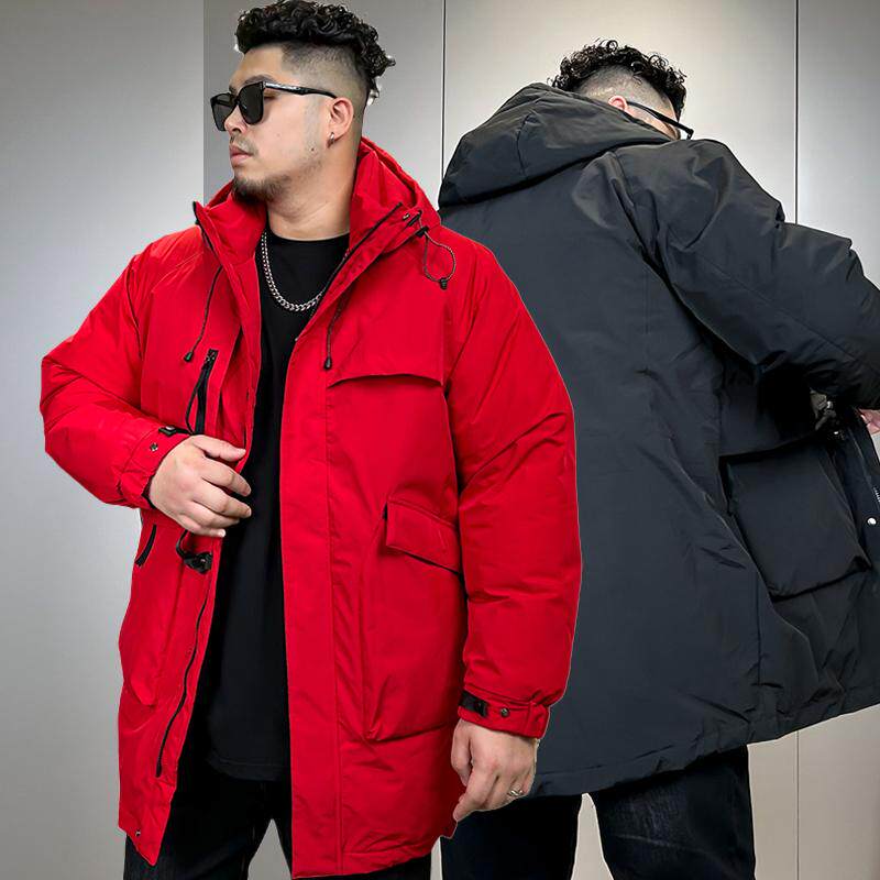 工装加厚棉衣男宽松中长款棉服保暖加肥加大码本命年红色外套棉袄