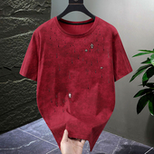 T恤男胖哥轻奢加肥加大流星雨潮流半袖 红色烫钻大码 纯棉短袖 300斤