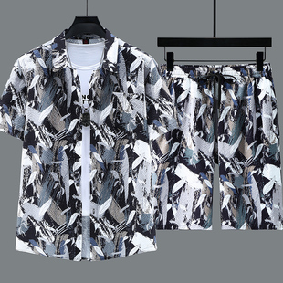 加肥加大宽松百搭速干冰丝衬衣套装 400斤大码 花衬衫 男装 胖子短袖