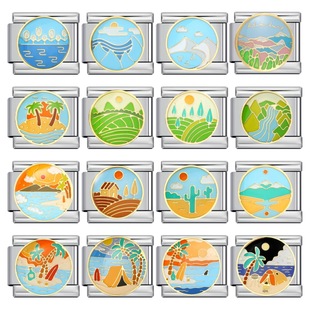 新款景色图案意大利模块手链不锈钢焊接滴油DIY个性弹力表带礼物