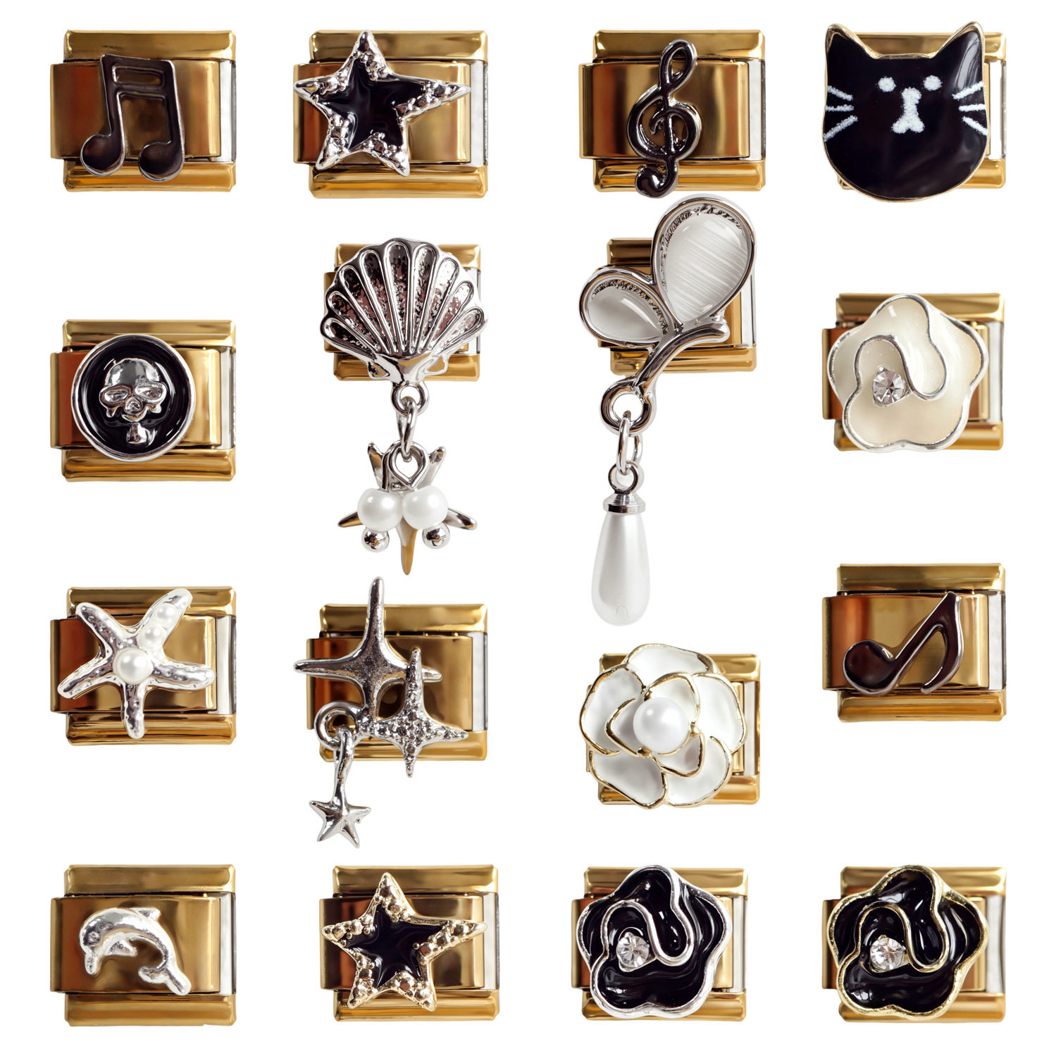 5件不锈钢意大利模块手链金底黑白花朵DIY弹力手环Italian charms