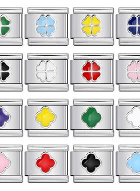 彩色滴油四叶草模块手链不锈钢冲压图案diy弹力表带配件情侣礼物