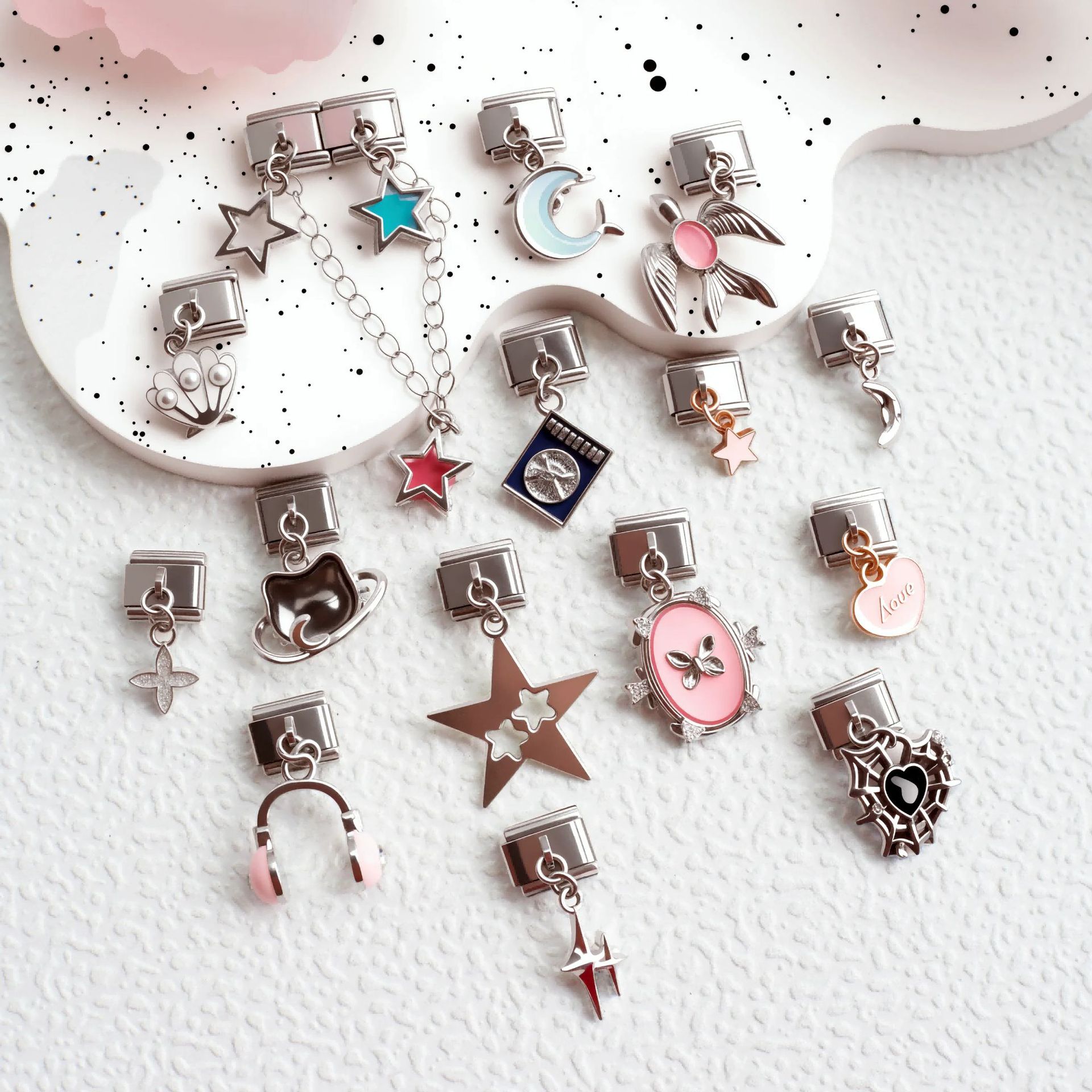 5件不锈钢意大利模块手链DIY银色星月爱心吊坠手环Italian charms